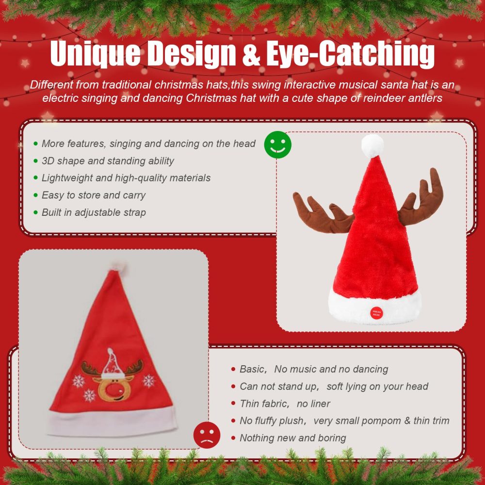 Gfilay Singing and Dancing Electric Santa Hat with Reindeer Antlers - Funny Novelty Musical Interactive Swinging Christmas Hats Waving and Singing for Adults Kids Xmas Gift - Image 5