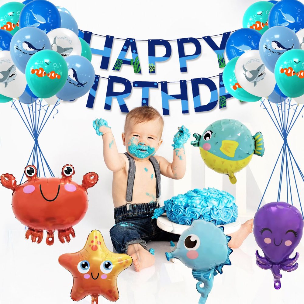 CIOUYAOS Under The Sea Party Decorations Kit, Party Supplies Ocean Theme 26pcs Balloons Banner set, Blue Marine Animal Dolphin Octopus Clown Fish Foil Balloons For 1st 2nd Boys Girls Kids Birthday - Image 4