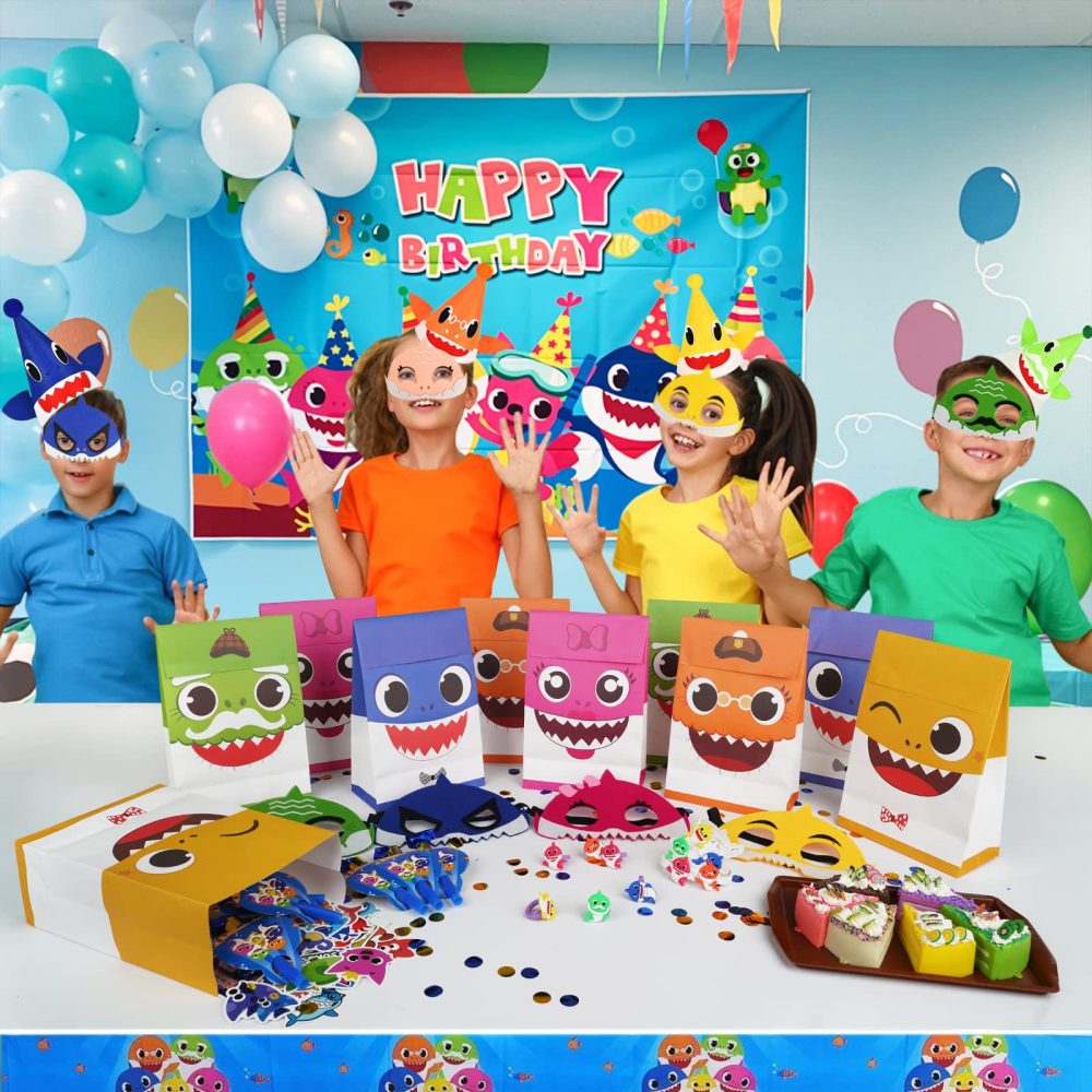 Baby Shark Party Favor Bags and Party Toy Stuffing Including 10 Goodie Bags 10 Shark Mask 10 Bracelet 50 Sticker 10 Baby Shark Keychain for Kid's Birthday Party Supplies and Kids Return Present - Image 2