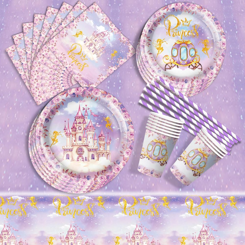 Princess Birthday Party Supplies Plates and Napkins Set for Girl, Purple Princess Castle Birthday Tableware Tablecloth for Girls Fairytale Princess Castle Theme Party Decorations, Serve 16 Guest - Image 3