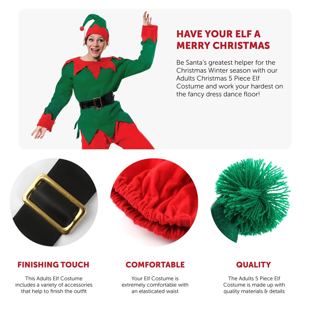 Adults Unisex Elf Costume - Adults Unisex Cheeky Elf Christmas Fancy Dress- Green Top + Red Trousers + Belt + Elf Hat With Ears + Deluxe Pom Pom Elf Shoes (Xx-Large | 22-24) - Image 7