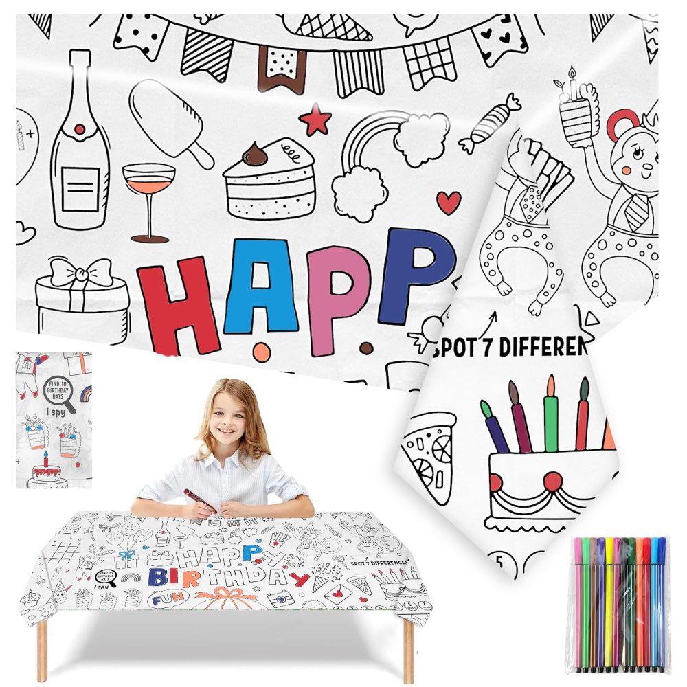 LMSHOWOWO 110 X 80cm Happy Birthday Table Cloth, Coloring Tablecloth for Kids with 12 Paint Pens, DIY Kids Party Tablecloth, for Kids Birthday Party Favors Supplies Craft Doodle Art