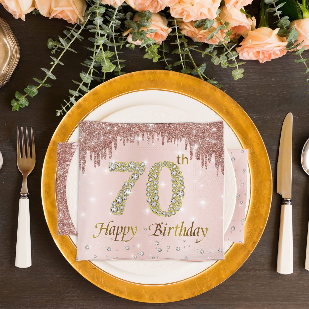 VReder Rose Gold 70th Birthday Decorations Paper Napkins, 40pcs Disposable Paper Birthday Napkins Table Decoration for Women 70th Birthday Party Supplies Table Decoration (70th Birthday) - Image 4