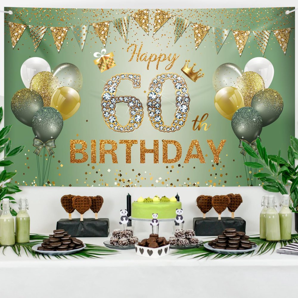 60th Birthday Decorations for Women Men, 60th Birthday Banner, 60th Birthday Backdrop Party Decorations, Sage Green Gold Happy 60th Birthday Banner Background for Birthday Anniversary Party Supplies - Image 3