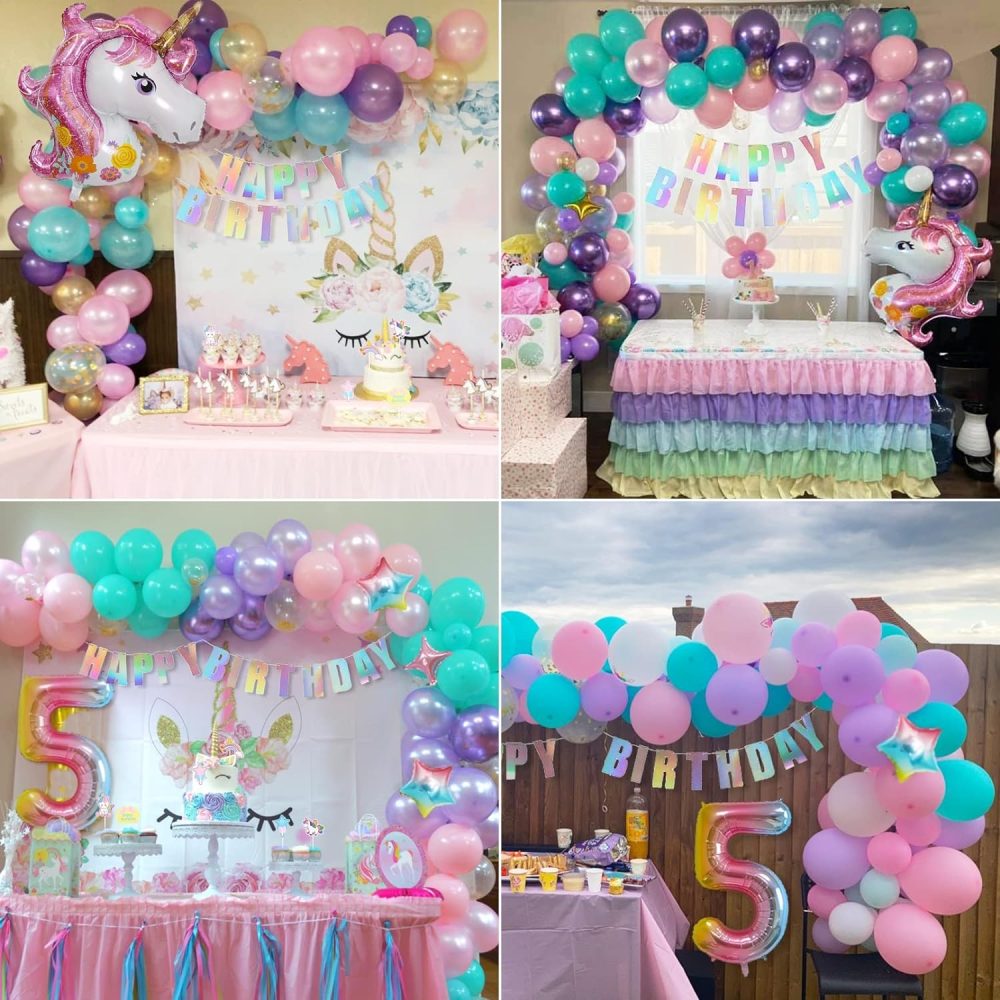 5th Unicorn Balloons Arch Kit Girl Birthday Party Decorations 120Pcs Pastel Macaron Balloon Huge 3D Unicorn Foil Age Balloons Happy Birthday Banner for Kids Birthday Party Deco - Image 3