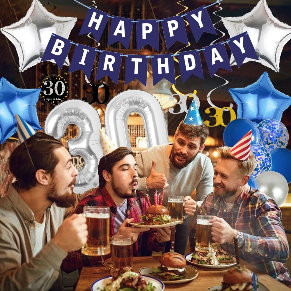 Blue Silver 30th Birthday Decorations - 53 Pieces 30th Birthday Party Decor Happy Birthday Banner Number 30 Foil Balloon Swirl Latex Balloons Cake Topper for Men Women 30th Birthday Party Supplies - Image 4