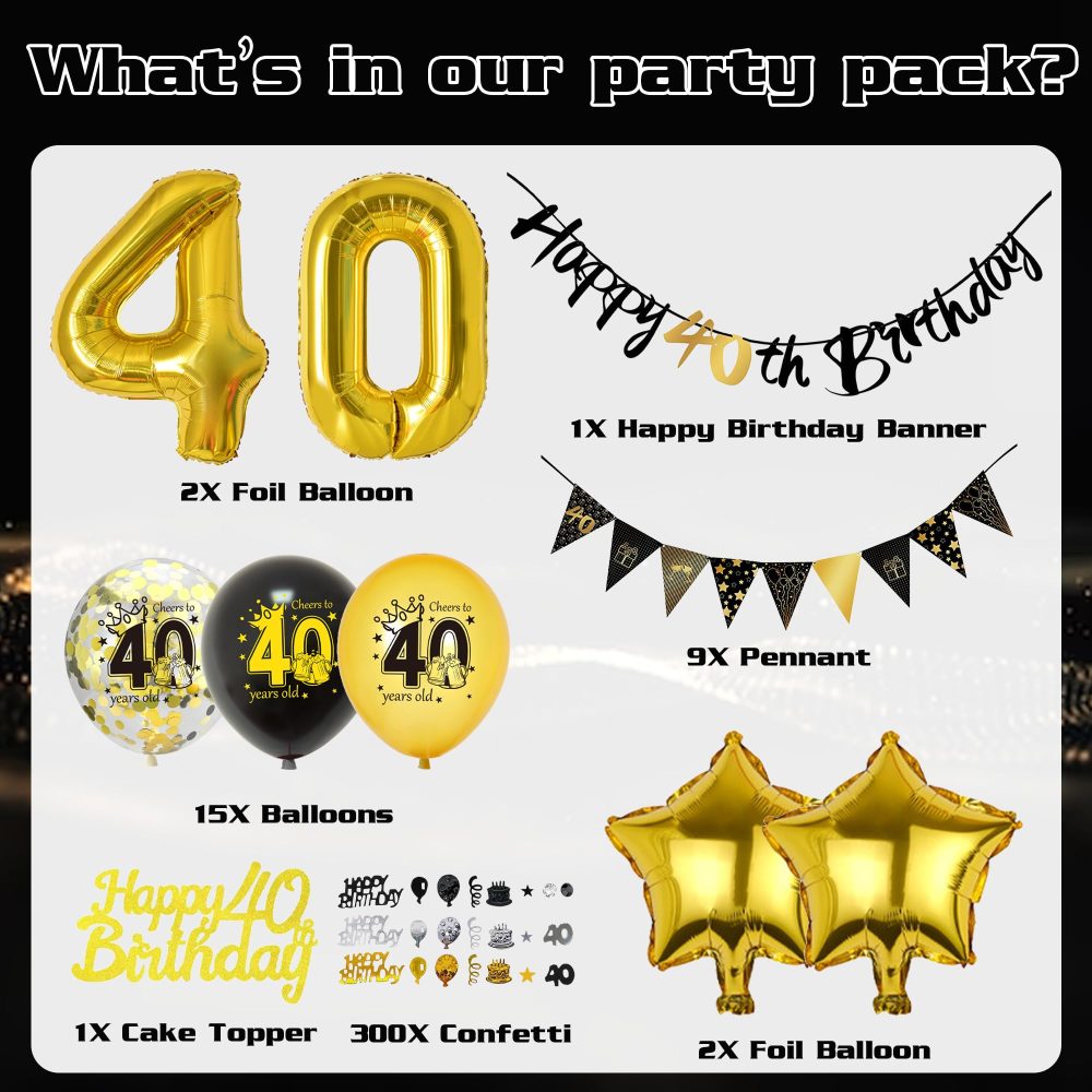 40th Birthday Decoration Black Gold - 31 Pieces 40th Birthday Decor, Happy Birthday Banner, Pennants, Cake Topper, Number 40 Foil Balloons, Star Foil Balloon for Women Men 40th Birthday Party Supplies - Image 7