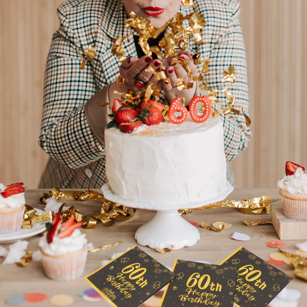 ZOCONE 60 Pcs 60th Birthday Napkins Black and Gold 60th Birthday Table Decorations for Men Women Disposable 60th Birthday Party Napkins Happy 60th Birthday Party Supplies Table Decor(60th, 60PCS) - Image 3