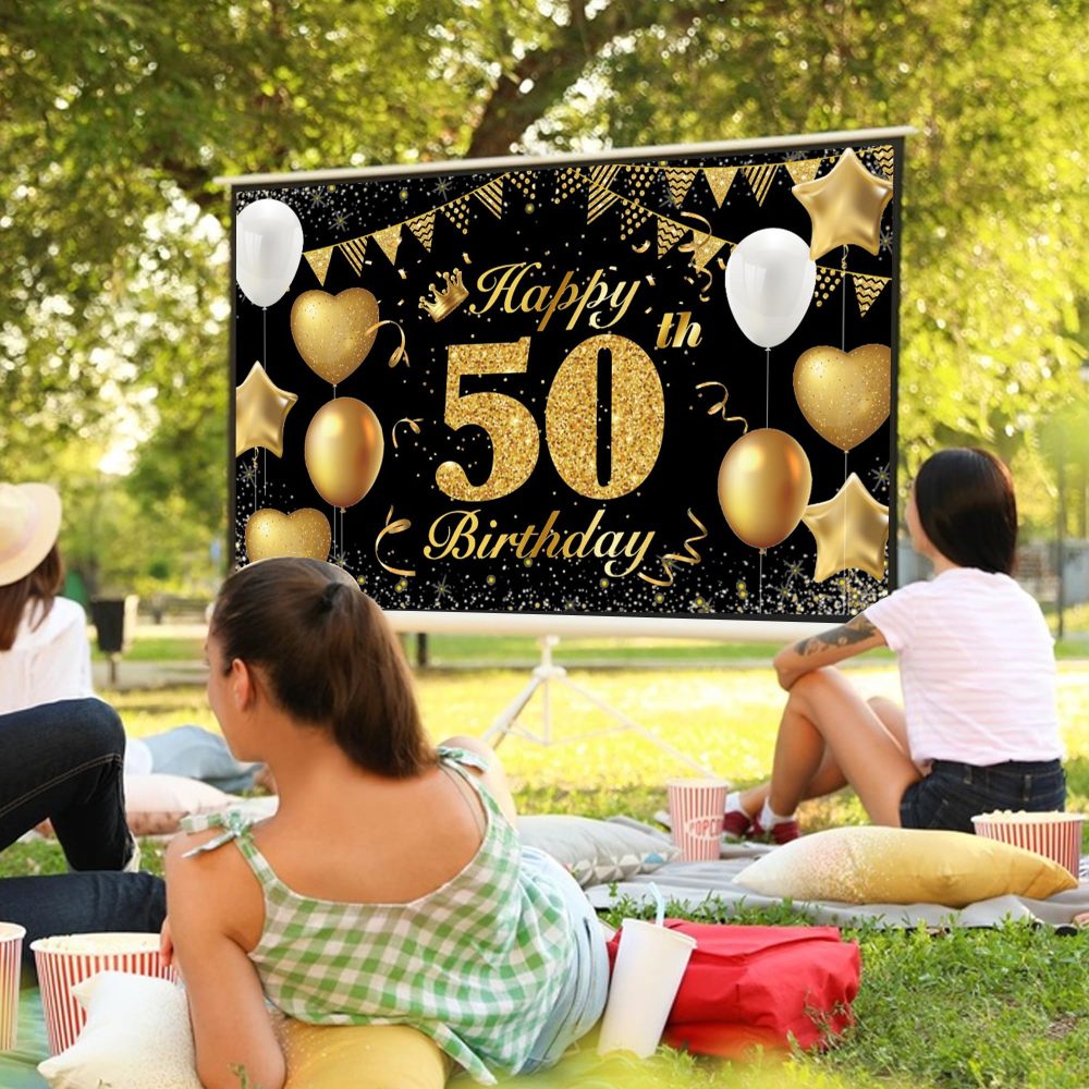 Happy 50th Birthday Banner 50th Photo Backdrop Black Gold Birthday Party Background Supplies Backdrop Props, Birthday Decorations for Men and Women 50th Backdrop Banner Photo Booth Sign 180×110cm - Image 2