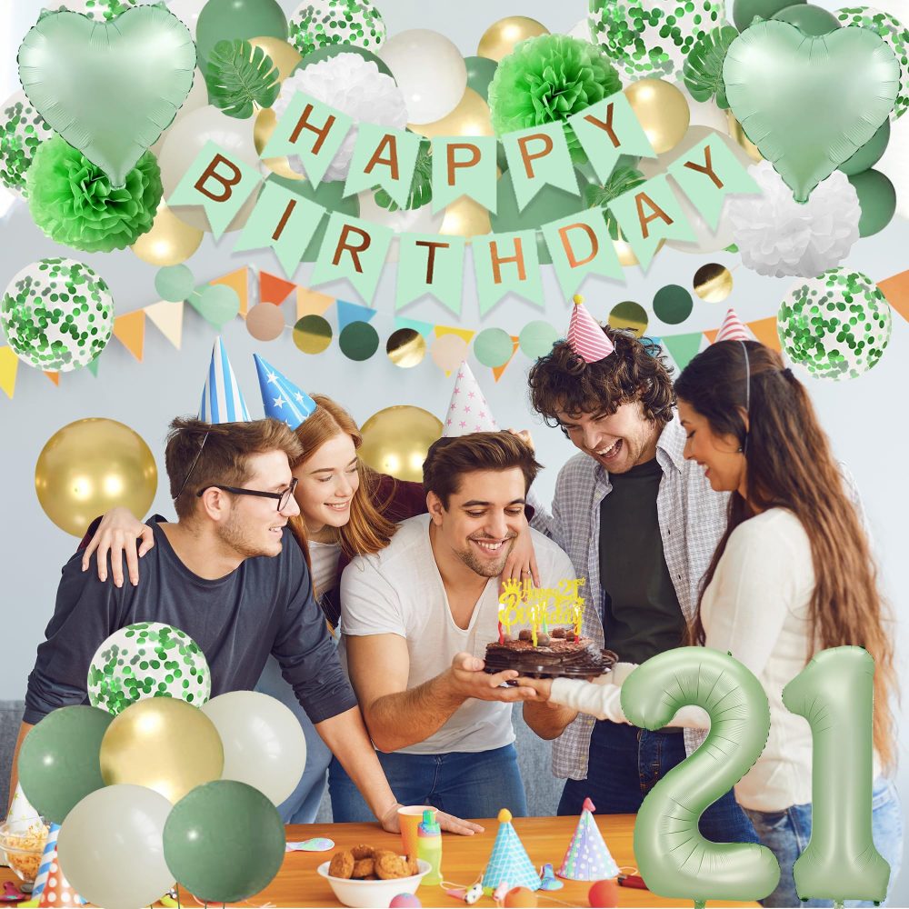 Sage Green 21st Birthday Decorations - 103 Pieces Green Gold Decoration, Happy Birthday Banner, Numbers 21 Foil Balloon, Paper Pompoms, Garland, Cake Topper, For Women Men 21st Birthday Supplies - Image 2