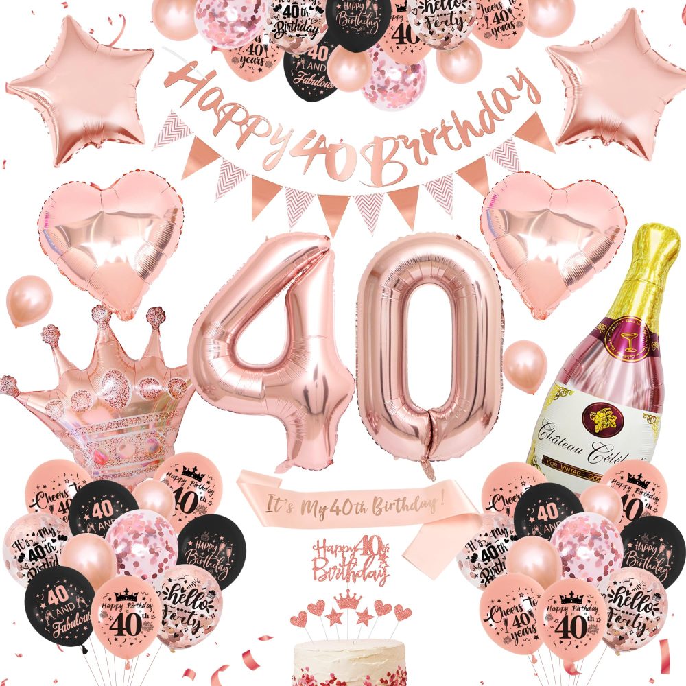 40th Birthday Decorations for Women - Rose Gold Balloons - 40th Rose Gold Birthday Decorations, Banner, Cake Topper, Cupcake Topper - Birthday Party Supplies Kit