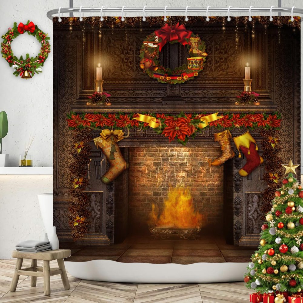 SDOTPMT 165x183cm Christmas Fireplace Shower Curtain Merry Christmas Exquisite Socks Gift Bath Curtain Vintage Brown Brick Wall Winter Holiday Curtain for Bathroom Fabric Polyester with Hooks