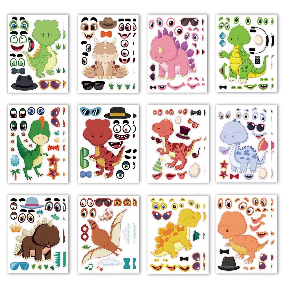 24pcs Make a Face Dinosaur Stickers for Kids Make Your Own Dinosaur Stickers Dino Birthday Goodie Bags Stuffer Children Dinosaur Party Favors Exchange Gifts