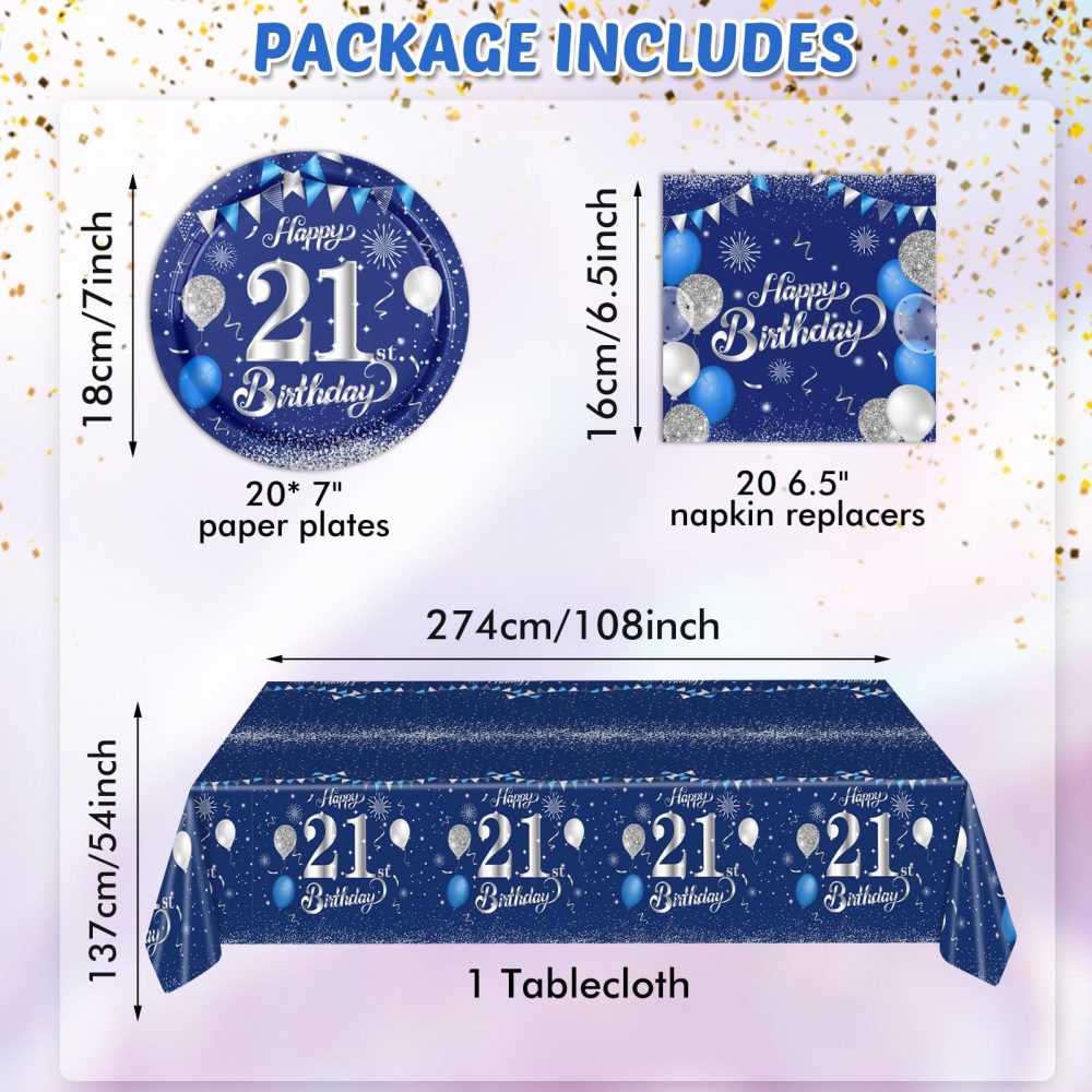 21st Birthday Decorations for Him Blue Silver Happy 21st Birthday Decorations for Boys Men Includes Happy 21th Birthday Napkins Tablecloth Plates for 21 Years Old Bday Party Supplies Anniversary Decor - Image 7