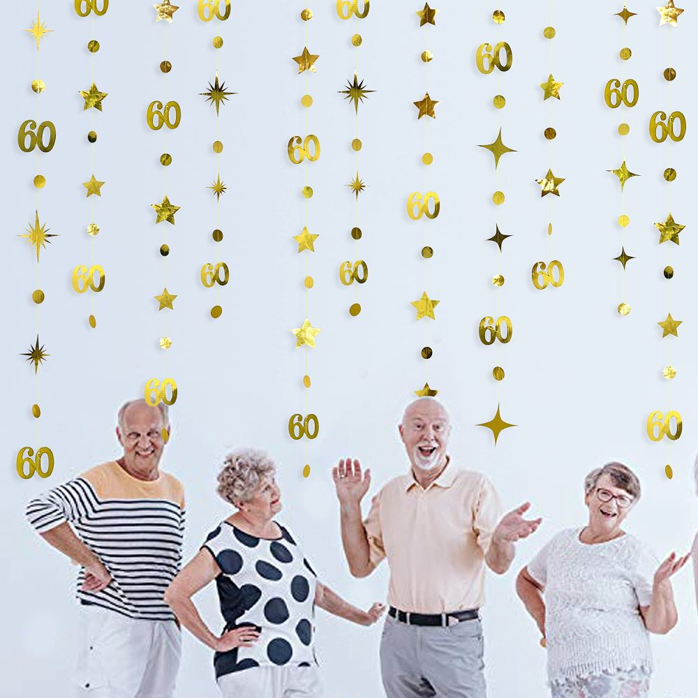 Gold 60th Birthday Decorations Number 60 Circle Dot Twinkle Star Garland Metallic Hanging Streamer Bunting Banner Backdrop for 60 Year Old Happy Birthday 60th Anniversary Sixty Party Supplies - Image 4