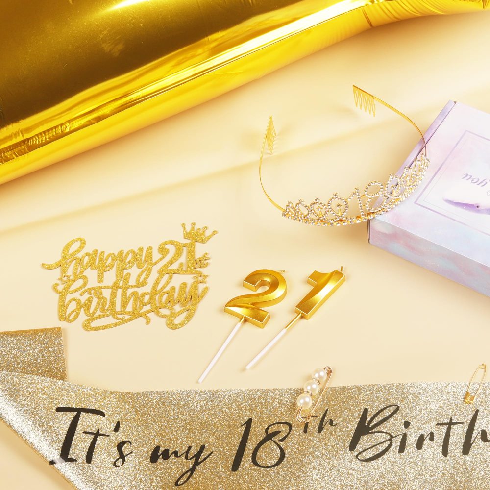 Gold 21st Birthday Decorations for Her 21st Birthday Sash Tiara Set, 21st Birthday Party Pack Sash Crown Number 21 Foil Balloons Birthday Cake Topper Candle, 21st Birthday Gifts for Her Girl - Image 5