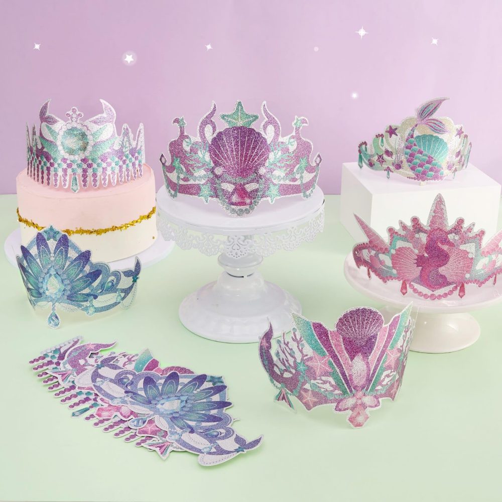 WERNNSAI Mermaid Party Crowns - 12 Pcs Birthday Party Hats Glitter Crowns for Kids Girls Princess Paper Crown for Mermaid Birthday Party Supplies - Image 4