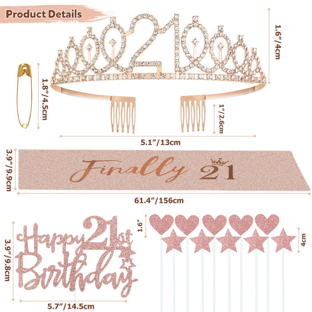 Jonvell 21th Birthday Sash and Tiara Crown Rose Gold 21th Sash Rhinestone Tiara Crown Birthday Cake Topper for Women Girls 21th Birthday Gift Party Decorations Supplies - Image 7