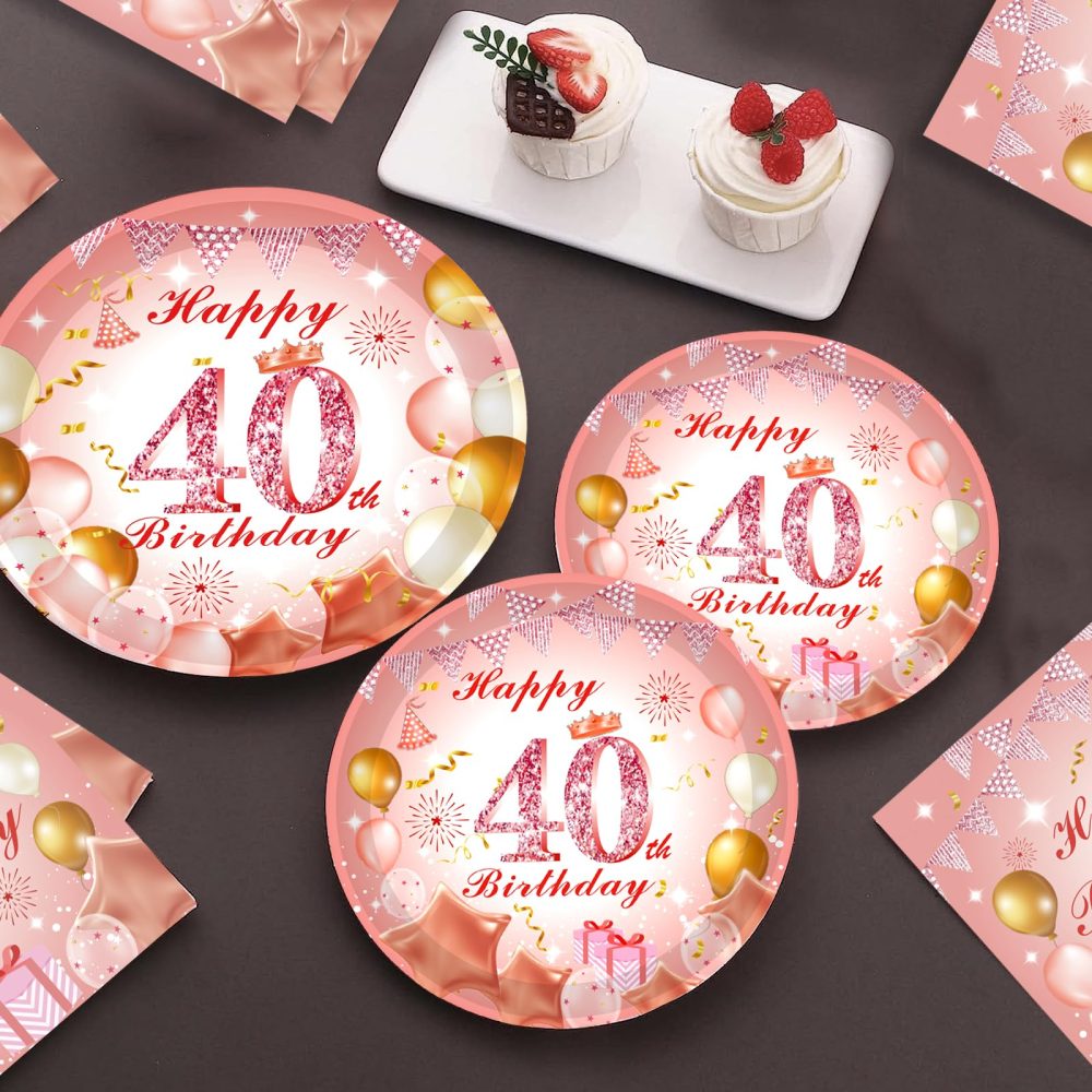 52Pcs 40th Paper Plates and Napkins Rose Gold,16 Guests Pink and Gold 40th Birthday Party Tableware Paper Plates and Napkins Set for Women 40th Birthday Gifts,Birthday Party Decorations Supplies - Image 6