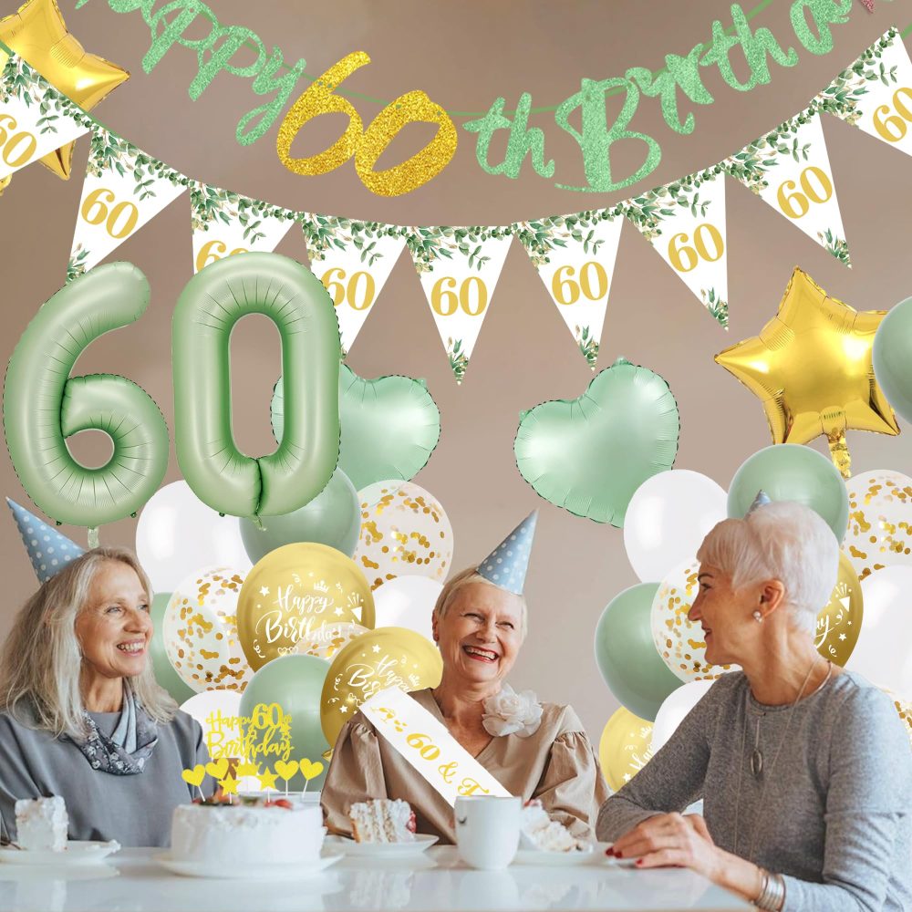 60th Birthday Decorations for Women - 49 Piece Green Gold 60th Birthday Balloons Set with Happy Birthday Banner, Confetti, Foil Balloon, Cake Topper, 60 Years Old Party Supplies for Women Men - Image 2