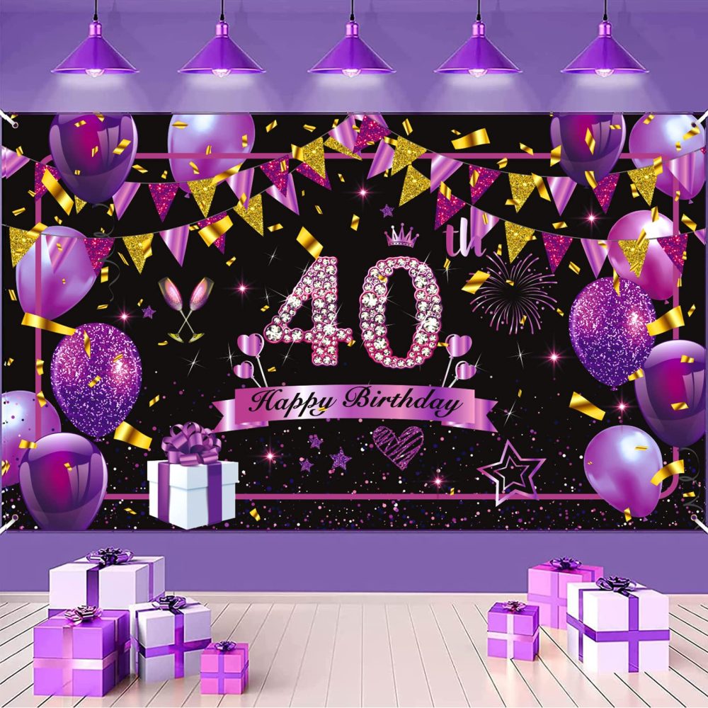 Purple 40th Birthday Decorations Banner Purple Black Gold Happy Birthday Sign Large Shiny Purple Black 40th Birthday Backdrop Background Photo Booth for Women 40th Birthday Anniversary Party Supplies