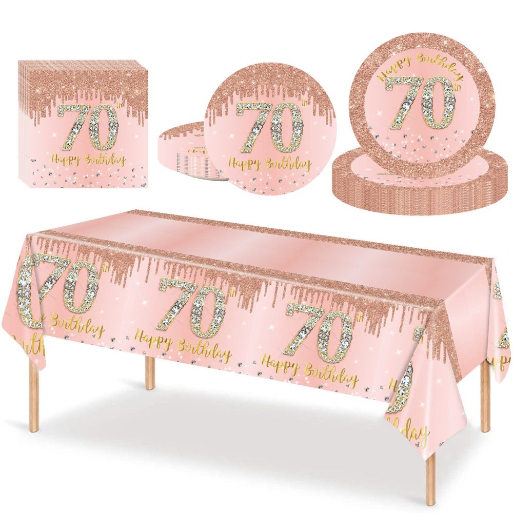 53Pcs Rose Gold Happy 70th Birthday Party Tableware Plastic Table Cloth,7,9inch Paper Plates,Napkins for Her Birthday Table Decorations Disposable Party Tableware Set for Women Adults Birthday Party