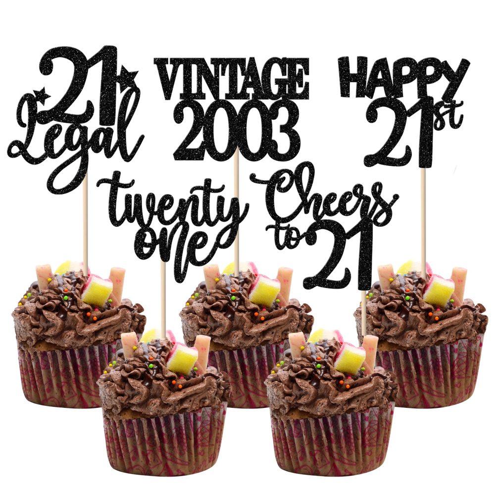 SYKYCTCY 30 Pack Vintage 2003 Cupcake Toppers Glitter Happy 21st Twenty-one Awesome Since 2003 Cupcake Picks Cheers to 21 Cake Decorations for 21st Birthday Wedding Anniversary Party Supplies Black