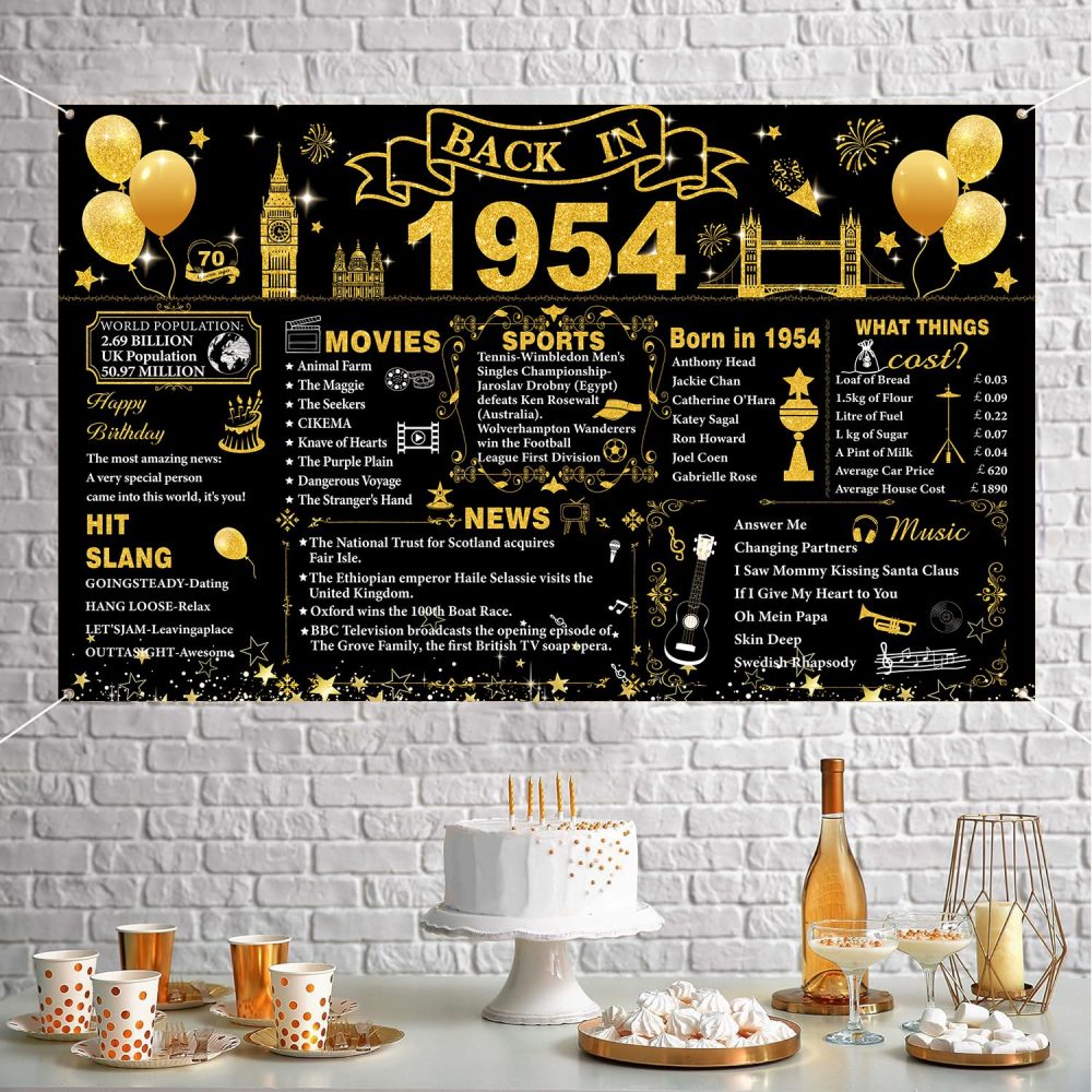 70th Birthday Decorations Black Gold, Back in 1954 Poster UK Happy 70th Birthday Decorations, Large Back in 1954 Backdrop Banner, 70 Years Anniversary Home Decor for Women Men - Image 4