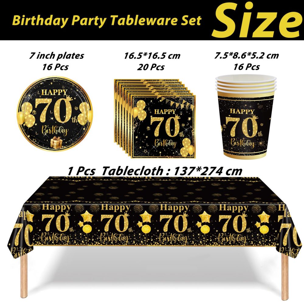 53Pcs Black Gold 70th Birthday Party Tableware Decorations,70th Birthday Table Cloth Plates and Napkins Cups Sets for Women Him Men Birthday Table Decor for 70th Birthday Gifts Dinnerware - Image 4