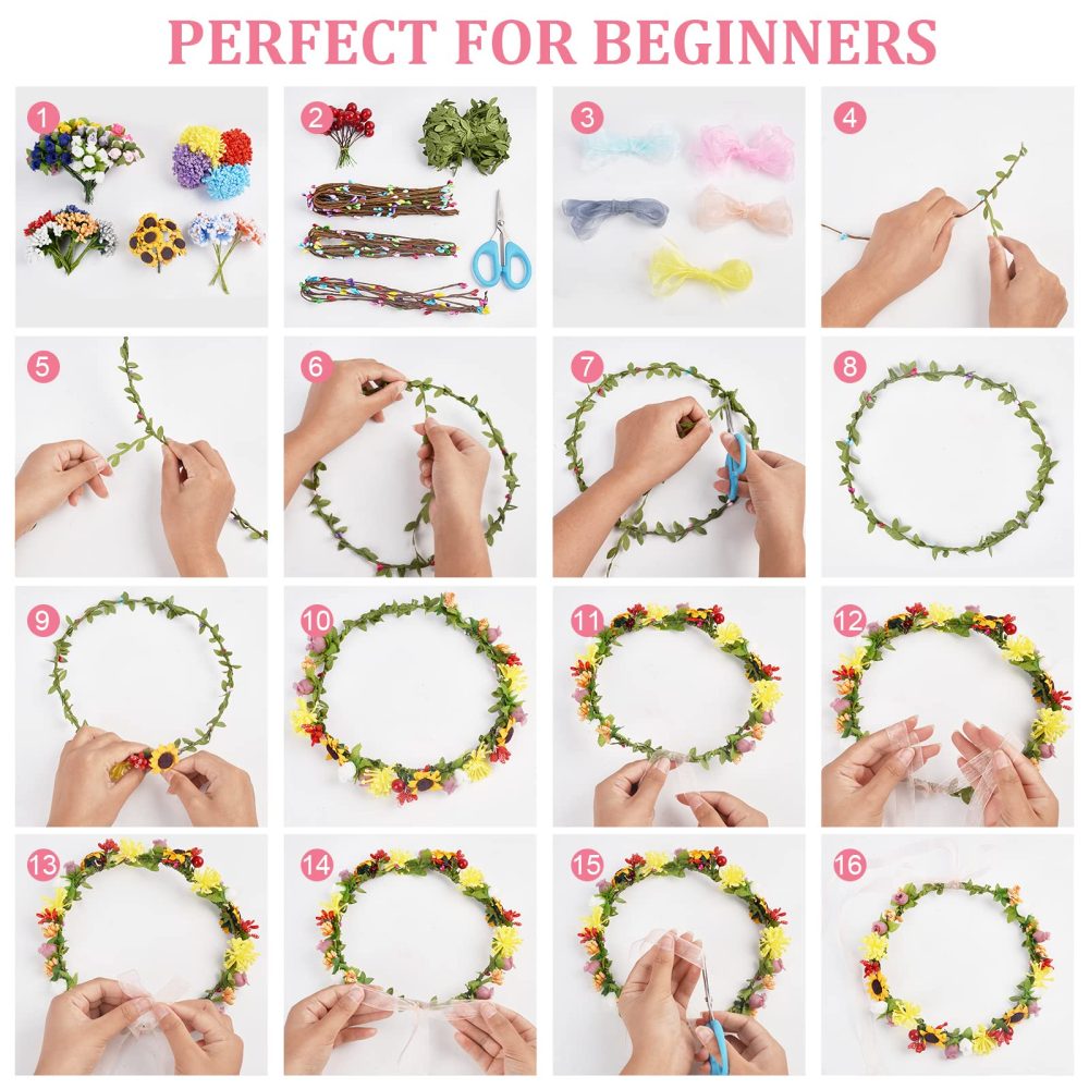 INFUNLY 20 Pcs DIY Flower Crowns Making Kit Handmade Floral Crown Garland Kit Make Your Own Flower Wreath Hair Accessories Gift for Wedding Birthday Party Favours DIY Arts and Crafts - Image 6