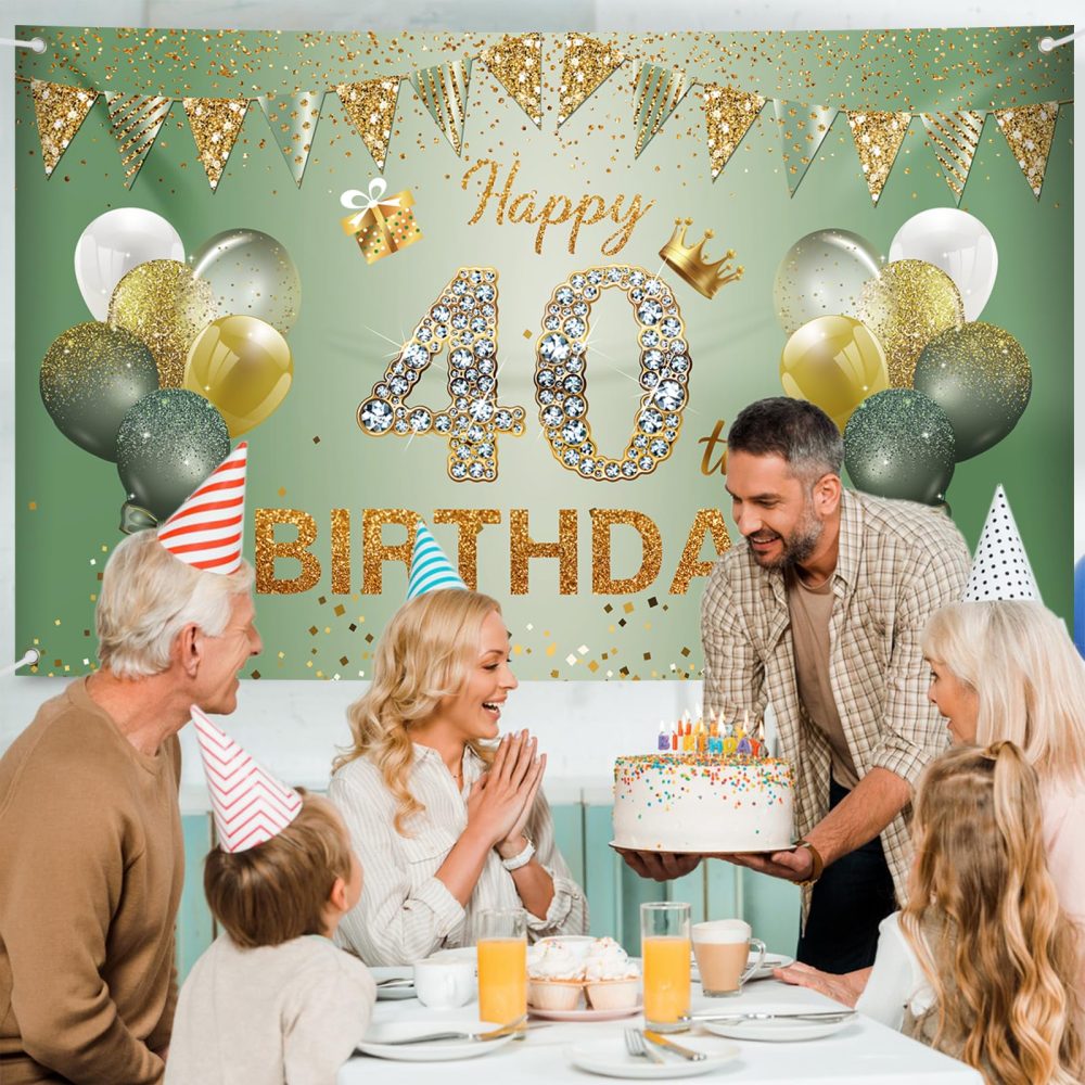 40th Birthday Decorations for Women Men, 40th Birthday Banner, 40th Birthday Backdrop Party Decorations, Sage Green Gold Happy 40th Birthday Banner Background for Birthday Anniversary Party Supplies - Image 4