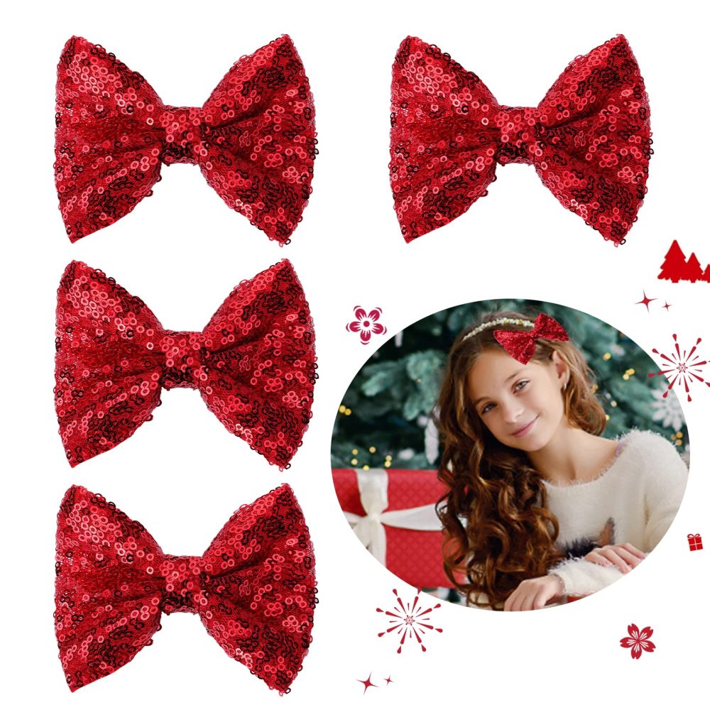 Sibba Glitter Hair Bows Clips 4 Packs Large Hair Pins Barrettes 4 Inch Red Sequins Sparkly Lace Nylon Mesh Alligator Ponytail Holder Valentines Easter Day Halloween School Accessories Women Girl