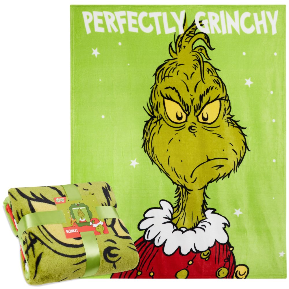 The Grinch Fleece Bed Blanket, Soft Bed Throw 150x130cm - Festive Gifts (Green)