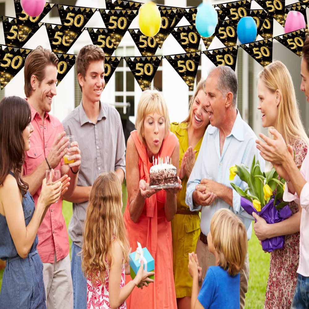 KTFNOMES Happy 50th Birthday Banner Bunting Flags Gold and Black Glitter Anniversary Party Decoration Supplies,50th Birthday Triangle Flag Banners for Men Women,7.1 x 10.2 inch,40 Pieces - Image 2