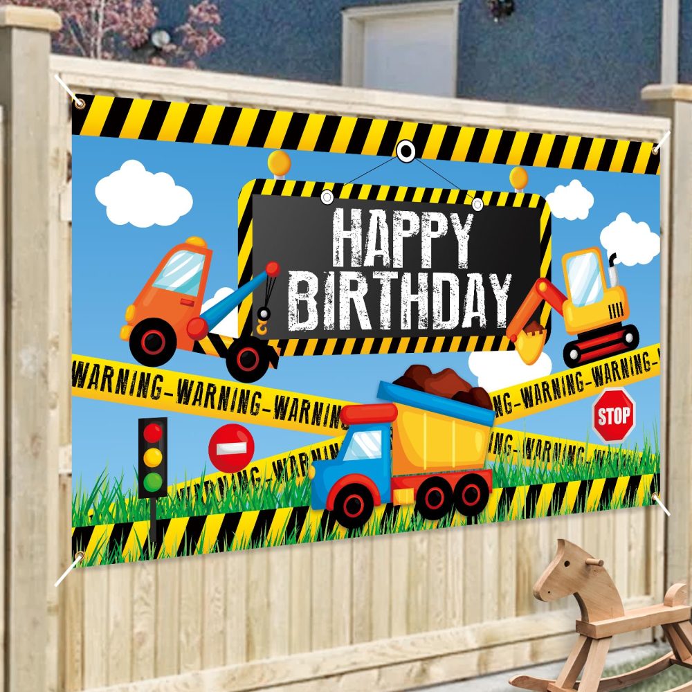 Construction Birthday Backdrop Banner,Xinvery Engineering Vehicle Birthday Banner Truck Photography Background Happy Birthday Party Decorations Banner for Kids 180×110cm - Image 2