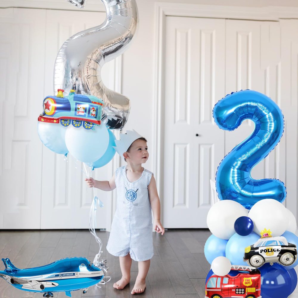 Transportation 2nd Birthday Decorations Boy - Blue Transportation 2nd Party Supplies with Numbers Stars Car Foil Balloons Cupcake Topper for 2 Year Olds Vehicle Theme Party - Image 2