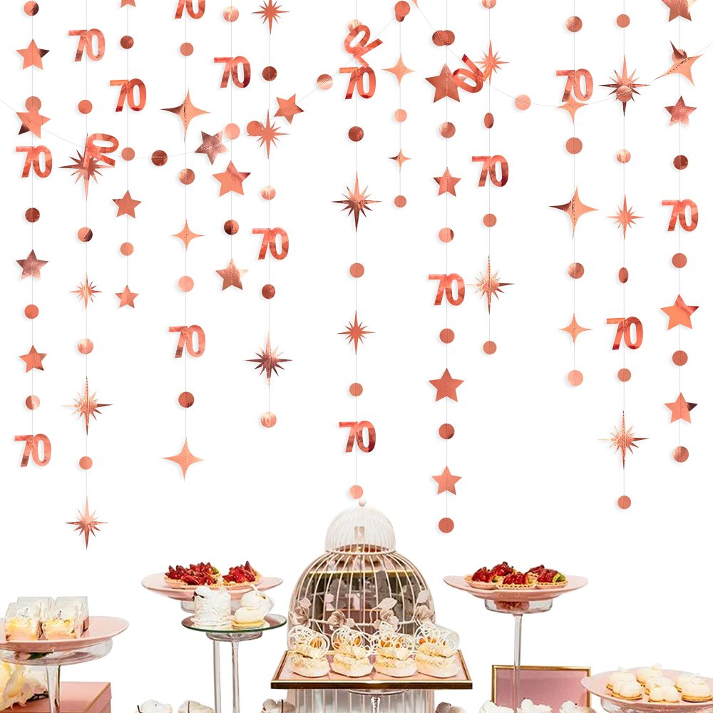 Rose Gold 70th Birthday Decorations Number 70 Circle Dot Twinkle Star Garland Streamer Banner Backdrop for Womens Cheers to 70 Year Old Seventy Fabulous Birthday Seventieth Anniversary Party Supplies