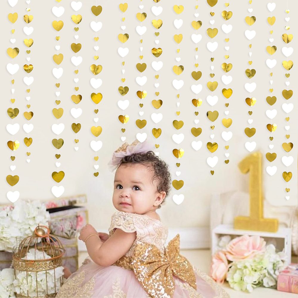 52Ft White and Gold Love Heart Garland Hanging Paper Streamer Banner for Anniversary Bachelorette Engagement Wedding Bridal Shower Birthday Father's Mother's Day Valentines Christmas Party Decorations - Image 3