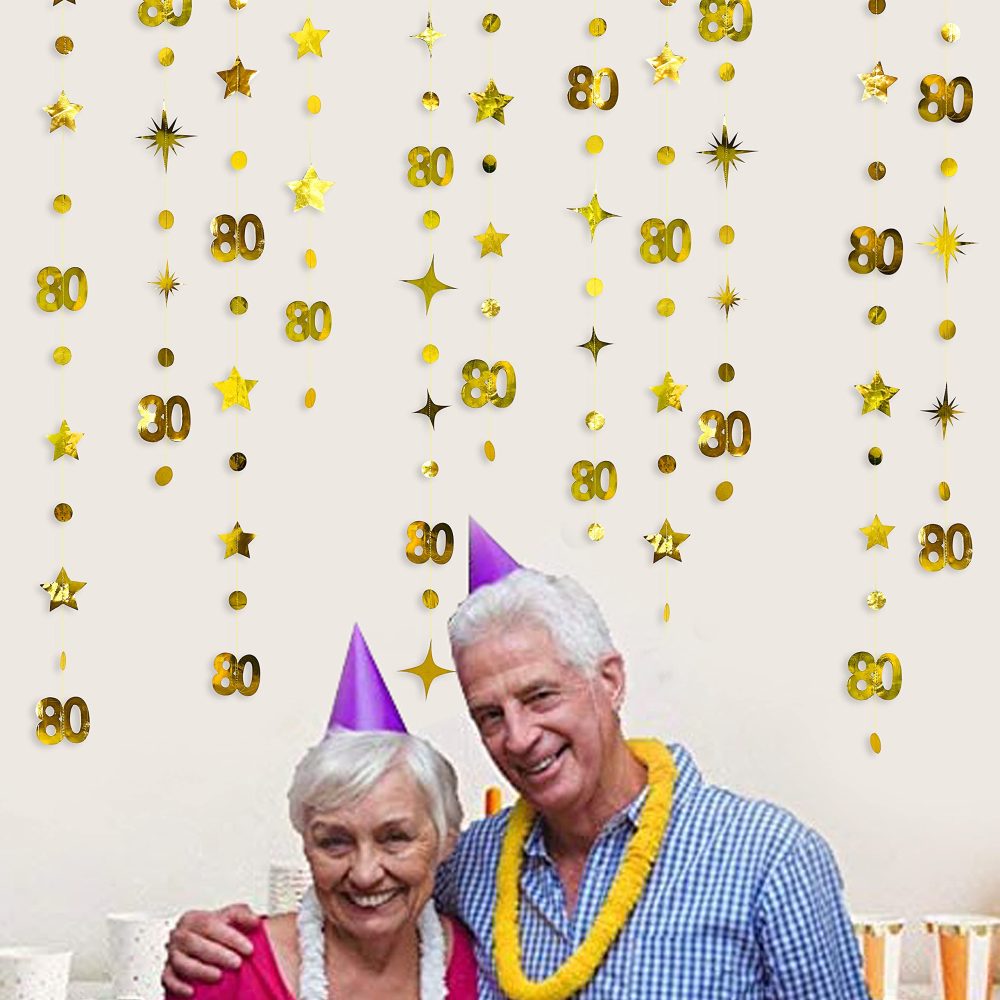 Gold 80th Birthday Party Decorations Number 80 Circle Dot Twinkle Star Garland Metallic Hanging Streamer Bunting Banner Backdrop 80 Year Old Women and Mens Birthday Eighty Anniversary Party Supplies - Image 2