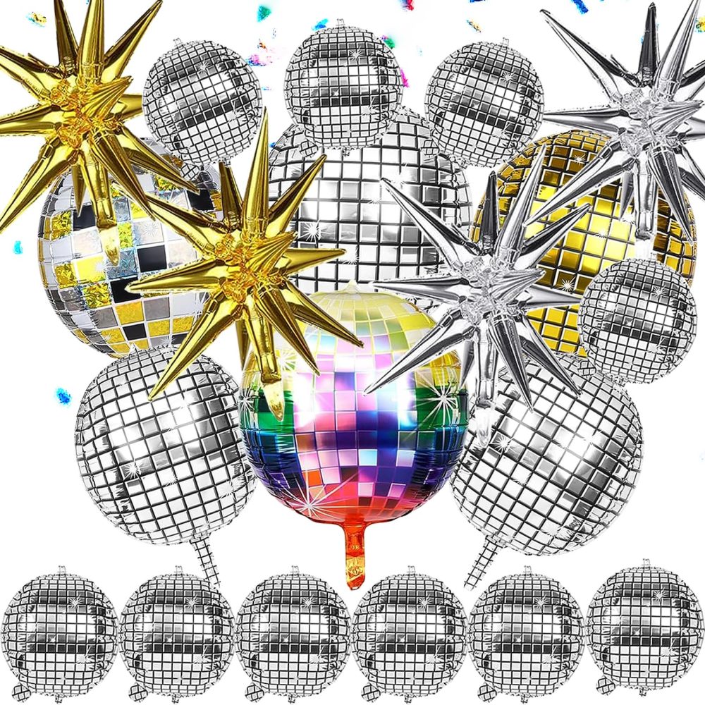 20 Pcs Disco Ball Balloons Disco Foil Balloons Disco Mylar Balloon 4D Aluminum Foil Balloon Explosion Star Balloon for Birthday Wedding Anniversary 70s 80S 90S Party Decorations