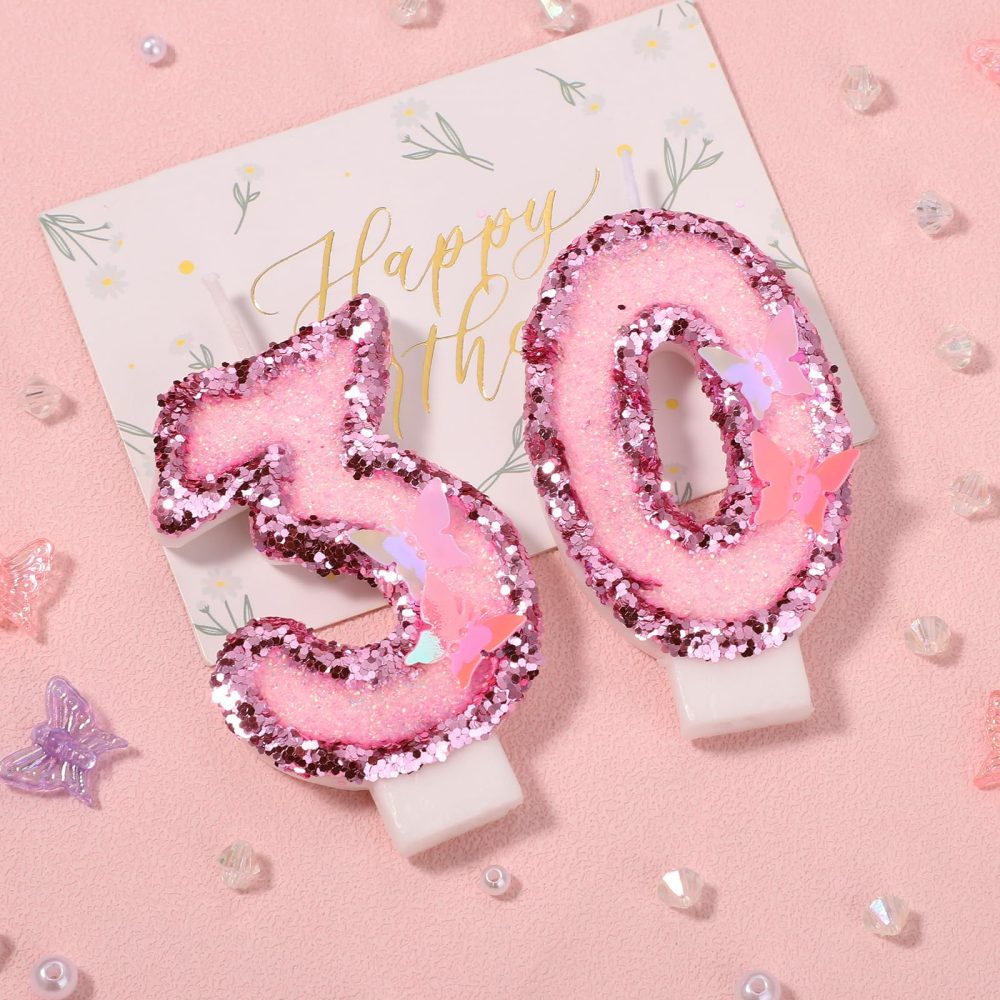 Girls Birthday Number 30 Candles, 2.95in Glitter Butterfly Happy Birthday Cake Toppers Pink Sequins Wedding Numeral Cupcake Decorations for Anniversary Celebration Party Supplies (30th) - Image 6