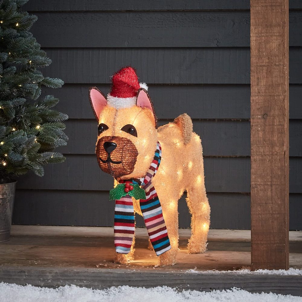Lighs4fun Outdoor Christmas Light Up Bulldog Dog Figure Garden Decoration with 50 Warm White LEDs & Timer 55cm