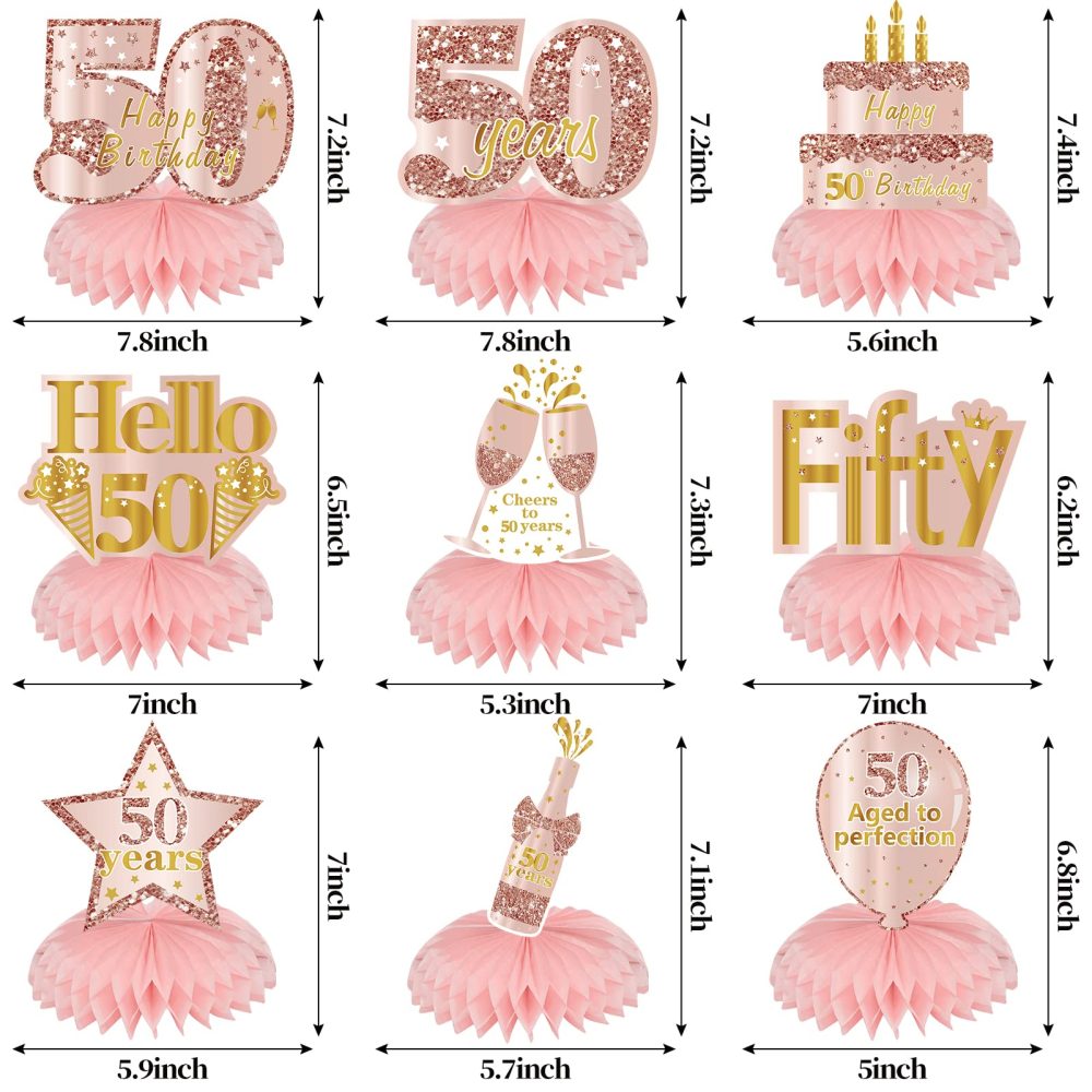 Turypaty Pink Rose Gold 50th Birthday Honeycomb Centerpieces Decorations for Women, 9Pcs Rose Gold Happy 50th Birthday Table Centerpieces Party Supplies, Fifty Year Old Birthday Table Toppers - Image 6