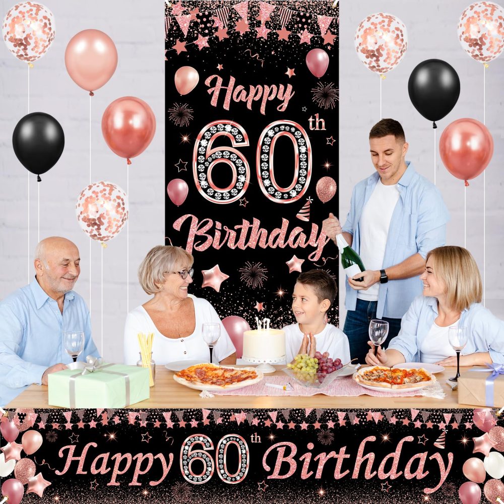 60th Birthday Decorations Banner for Women, Black Rose Gold 60th Birthday Banner with 60th Birthday Door Cover Porch Banner Sign for 60th Birthday Anniversary Party Supplies Indoor Outdoor Decor - Image 6