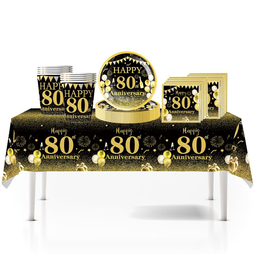 41Pcs Black Gold Happy 80th Birthday Party Tableware Set Plastic Table Cloth,Paper Plates Napkins 80th Birthday Table Decorations Disposable Tableware Kit for Men Women 80th Birthday Decorations