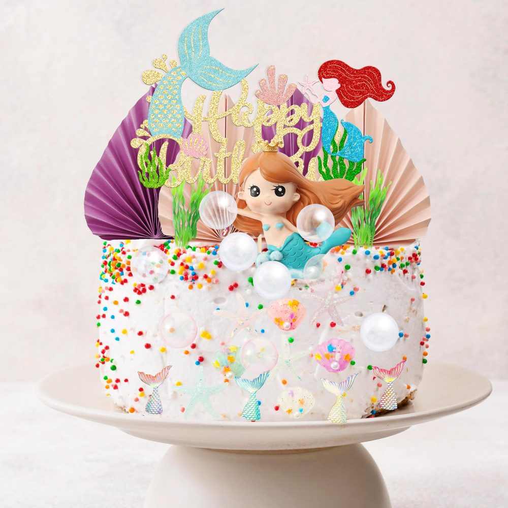 Gyufise 32Pcs 3D Mermaid Under the Sea Cake Toppers Set Mermaid Tail Starfish Seaweed Shell Bubble Palm Leaf Cupcake Picks for Under the Sea Theme Baby Shower Birthday Party Cake Decorations Supplies - Image 3