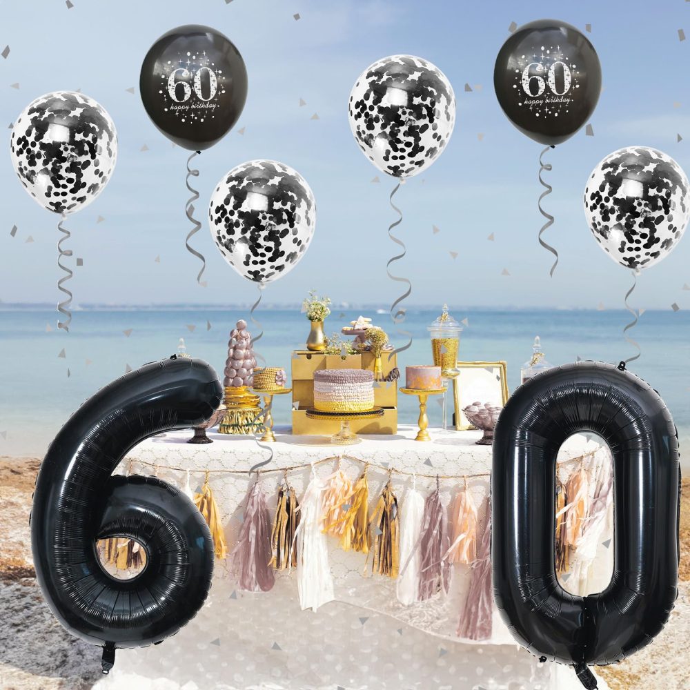 60th Birthday Decorations for Men, 60th Birthday Balloons with Black 40 Inch Foil Number 60 Balloon, Metallic Latex Balloons Birthday Print Confetti Balloons Set for Women 60th Balloons Decor Supplies - Image 3