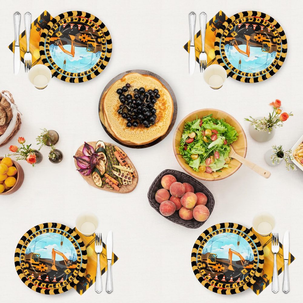 PARTY GO 96 Pcs Construction Birthday Tableware Set, Paper Plates Cups and Napkins, Disposable Dinnerware Party Supplies for Birthday Party Wedding Baby Shower Engagement Decorations Serve 24 Guests - Image 3