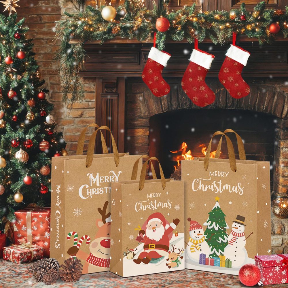 Christmas Brown Gift Bags 12 pcs,Xmas Paper Bags Multipack with Large and Small Sizes,Reusable Kraft Christmas Goody Bags with Handles for Presents,Perfect Paper Carrier Bags for Party,Sweets,Food - Image 3