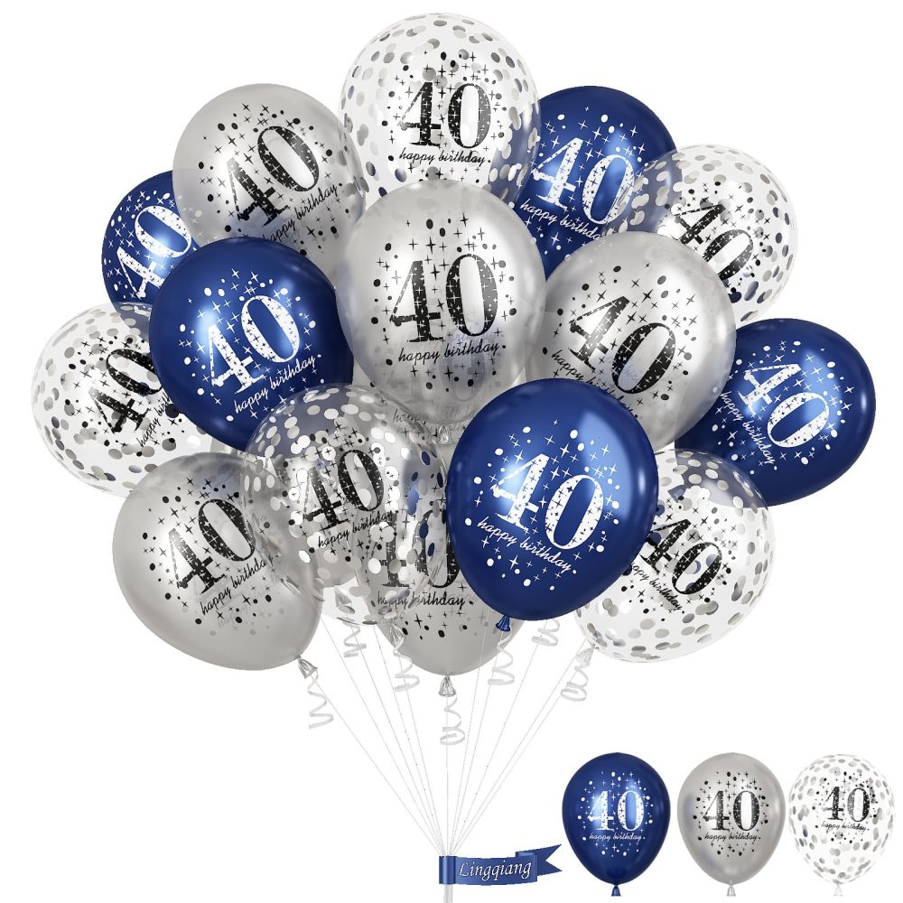 40th Birthday Decoration Men, Pack of 15 Happy 40th Birthday Balloons Latex Helium Navy Blue Silver Confetti Balloons for Him Age 40 Years Old 40th Birthday Party Decorations Celebration Supplies